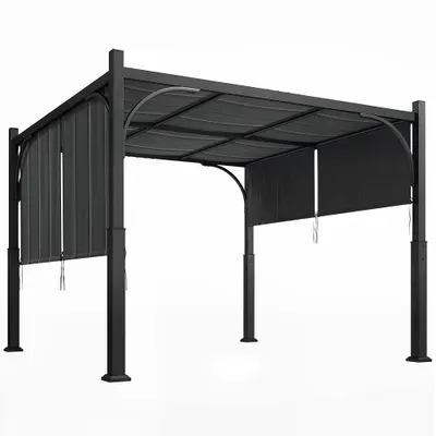 Outsunny Pergolă de grădină 3 x 3 m tonelă de grădină cu copertină glisantă, structură metalică, pentru exterior, Gri Închis | Aosom Romania