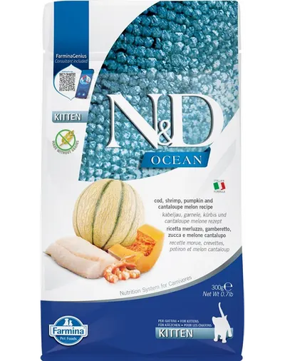 FARMINA N&D Ocean Cat Kitten Hrana pisoi, pisici gestante si care alapteaza, cu cod, creveți, dovleac si pepene galben - 300 g