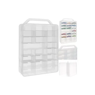 Cutie depozitare masinute pentru copii, 46 compartimente, cleme prindere, 33x25x8,5 cm, transparent