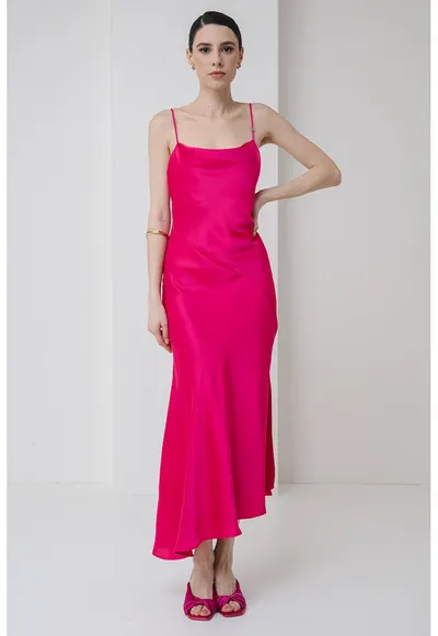 Rochie asimetrica de satin cu bretele subtiri - Fucsia