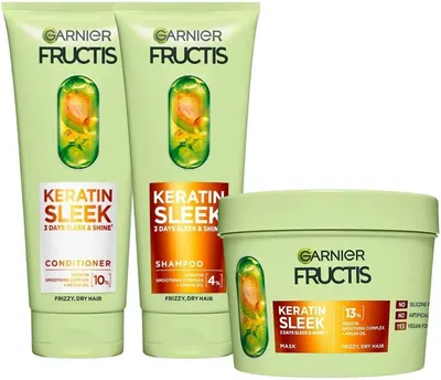 Garnier Fructis Keratin Sleek Set - Șampon, Balsam și Mască, 2 х 200 + 370 ml