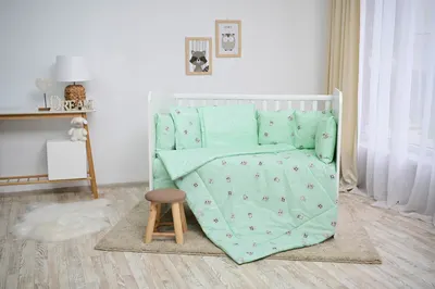Set de lenjerie de pat din 5 piese Lorelli - Cu balustrade, prieteni, rezeda