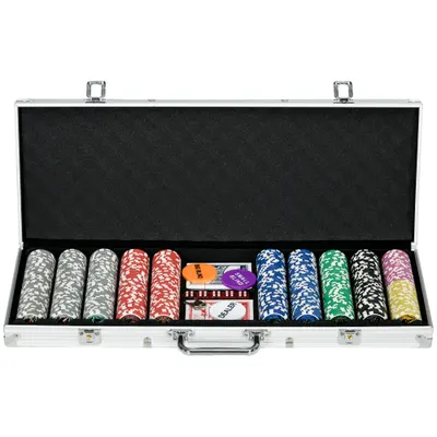 SPORTNOW Set Poker 500 Jetoane Numerotate, Carcasă Aluminiu, 2 Pachete Cărți de Joc, 5 Zaruri | Aosom Romania