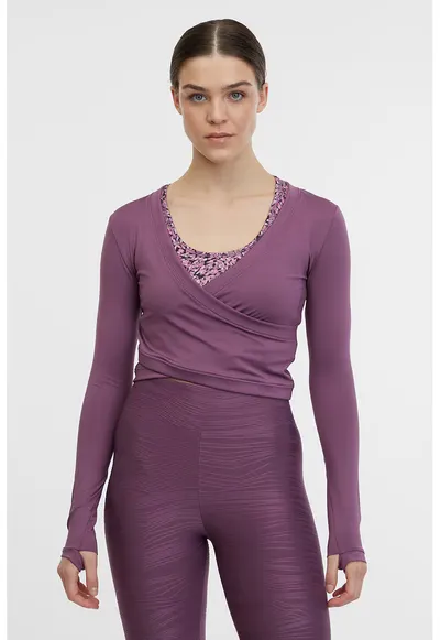 Bluza crop cu croiala petrecuta pentru fitness - Mov inchis