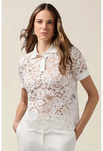 Tricou polo cu perforatii si broderie - Alb