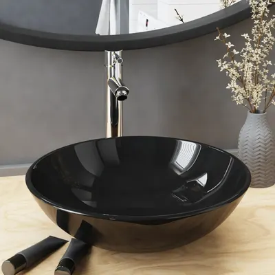 vidaXL Chiuvetă baie robinet și scurgere tip push, negru sticlă călită
