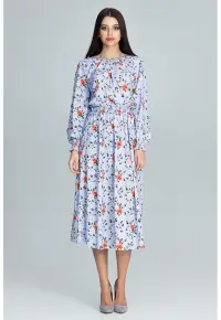 Rochie M600 - florala - albastru - midi - maneci lungi - poliester 95% - elastan 5%