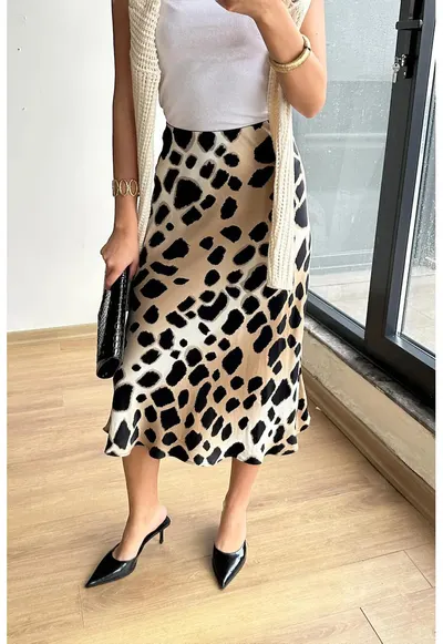 Fusta midi HiCCUP - leopard - bej natural - textil