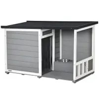 PawHut Căsuță pentru câini din lemn masiv, cu 2 boluri, verandă, rezistent la intemperii, 103 cm x 62 cm x 66 cm, Gri + Alb | Aosom Romania