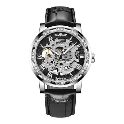 WINNER Ceas Mecanic Bărbați Skeleton Negru, Luminous, Brățară 24cm, Hardlex, 3ATM