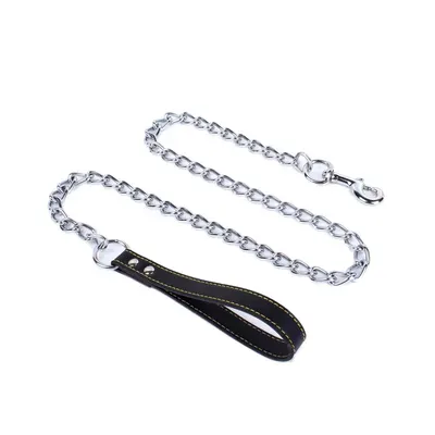 Lesa lant, neagra, maner din piele naturala, lungime 1,20 m, pentru caini de talie medie, grosime lant 3 mm