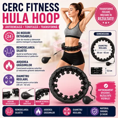 Cerc fitness, Hula Hoop, cu greutate suplimentara detasabila, 24 noduri detasabile, pentru slabire, pentru talie, masaj 360°, file de masaj