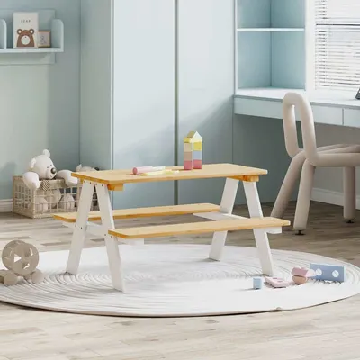 Gossi masa pentru copii cu banci irun alb 90x79,5x50cm lemn masiv