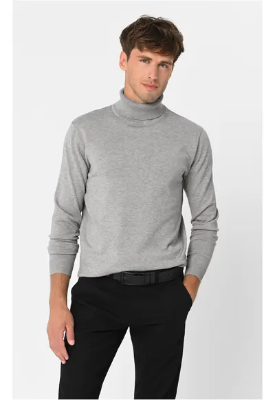 Pulover tricotat fin cu guler inalt - S-Max - Bej melange - Gri melange