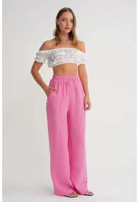 Pantaloni dama - talie inalta - textil - roz muselina texturata - Roz pudrat