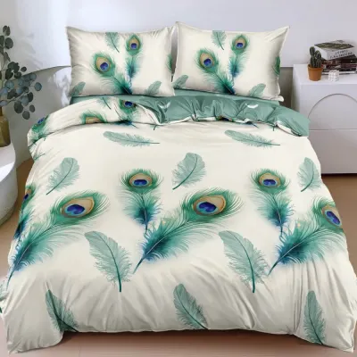 Lenjerie Pat Dublu Cu Elastic Bumbac Satinat - 3 Bucati 219 Lei - Alb Verde Pene De Paun