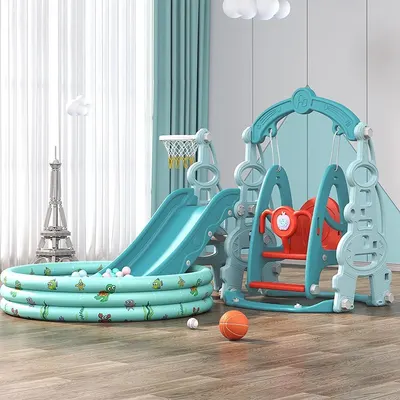 Spatiu de joaca 3 in 1 Nichiduta Garden Tower Arcada Blue cu Leagan convertibil, Tobogan cu trepte late, Margini rotunjite, Piscina cu 200 bile joaca incluse, Cos de baschet cu Minge