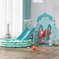 Spatiu de joaca 3 in 1 Nichiduta Garden Tower Arcada Blue cu Leagan convertibil, Tobogan cu trepte late, Margini rotunjite, Piscina cu 200 bile joaca incluse, Cos de baschet cu Minge