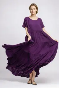 Rochie lunga, croi amplu cu patru volane, stil boem elegant, mov