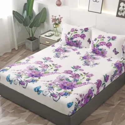 Cearsaf / Husa cu Elastic Cocolino 180x200cm si 2 fete de perna 50x70cm, Alb, Mov, flori, biciclete