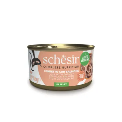 SCHESIR Complete Nutrition, Ton și Somon, conservă hrană umedă pisici, (în aspic), 85g