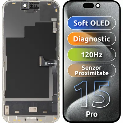 Display cu Touchscreen si Senzor Proximitate MP compatibil cu Apple iPhone 15 Pro, cu Rama, Versiune Soft OLED FHD 120Hz Diagnostic, Negru