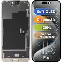Display cu Touchscreen si Senzor Proximitate MP compatibil cu Apple iPhone 15 Pro, cu Rama, Versiune Soft OLED FHD 120Hz Diagnostic, Negru