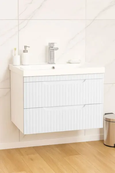 Set Baza front MDF si Lavoar seria 733, suspendata, cu sertare, montat, 70 cm, alb rustic