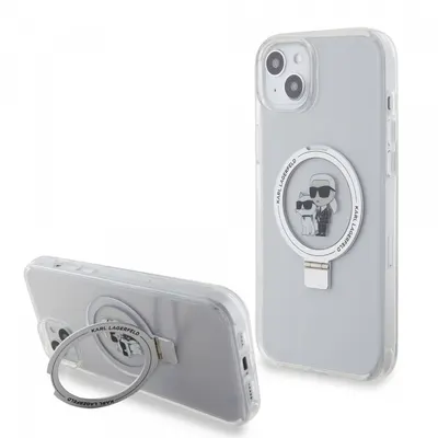 Husa MagSafe pentru Apple iPhone 15 Plus, Karl Lagerfeld, Ringstand Karl and Choupette, Alba