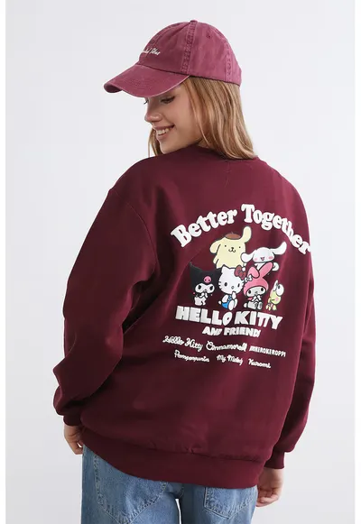 Bluza supradimensionata de trening cu Hello Kitty si imprimeu Friends - Visiniu