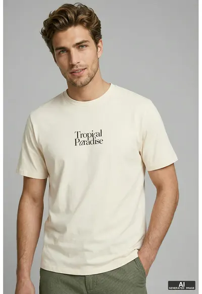 Tricou cu decolteu la baza gatului si imprimeu grafic pe partea din spate - Crem