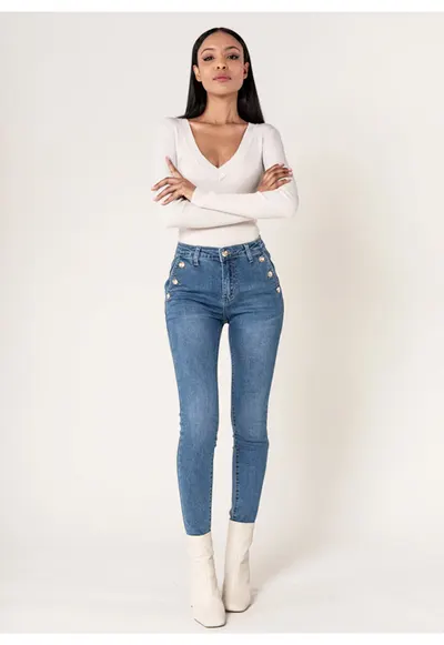Blugi dama albastri slim cu nasturi P217-5 M9 18440 - Albastru