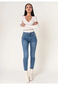 Blugi dama albastri slim cu nasturi P217-5 M9 18440 - Albastru