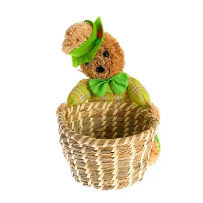 Cos decorativ Paste din rachita cu ursulet si papion verde