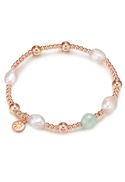 Bratara placata cu aur de 14K si decorata cu perle si acvamarin - Auriu rose