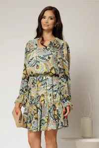 Rochie scurta ivoar cu imprimeu bleu si galbene si volanas la baza