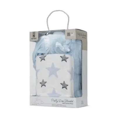 Set 2 piese, Lorelli, paturica moale 90 x 75 cm, pernuta in forma de ursulet 45 x 30 cm, Poffy, Blue
