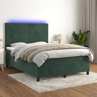 Gossi pat cu arcuri, saltea si led, verde inchis, 140x200 cm, catifea