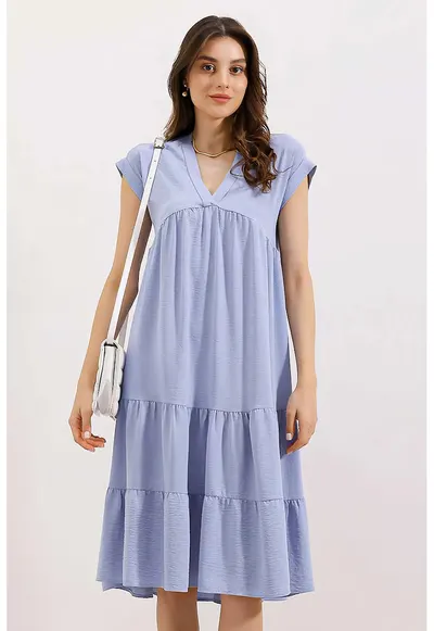 Rochie Midi HiCCUP cu volane si decolteu in V - Albastru - Textil