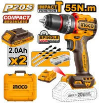 Bormasina cu Impact 20V 55Nm CIDLI20558E, Motor Brushless, Mandrina Metalica 13 mm, 2 Acumulatori 2.0Ah, Incarcator, 47 Accesorii si 3 Burghie Zidarie