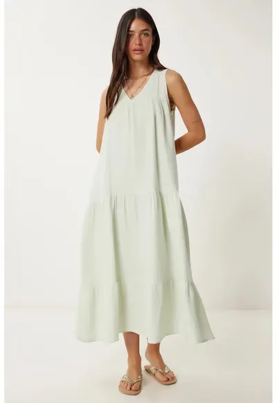 Rochie midi Happiness Istanbul - cu volane - verde menta - bumbac