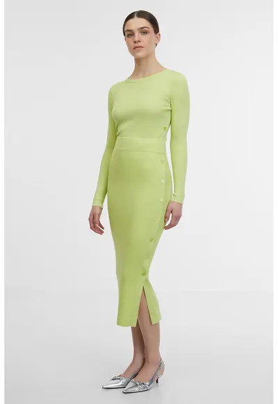 Fusta midi din tricot cu slit lateral cu nasturi - Verde lime