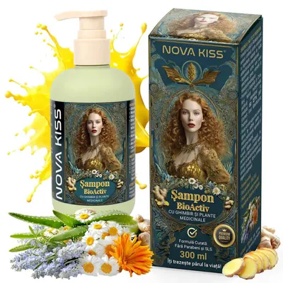 Sampon BioActiv cu Ghimbir Impotriva Caderii Parului, Efect Regenerator si Densificator, Revitalizeaza in Profunzime, Premium, NOVA KISS , 300 ml