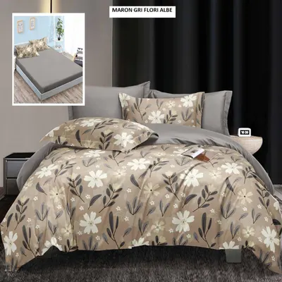 Lenjerie cu husa ELEGANCE maron gri flori albe 180x200 cm, Ralex | 1 buc