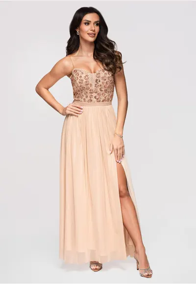 Rochie maxi eleganta de seara cu guler tip corset si aplicatii LA-OM-DLR339 - Auriu