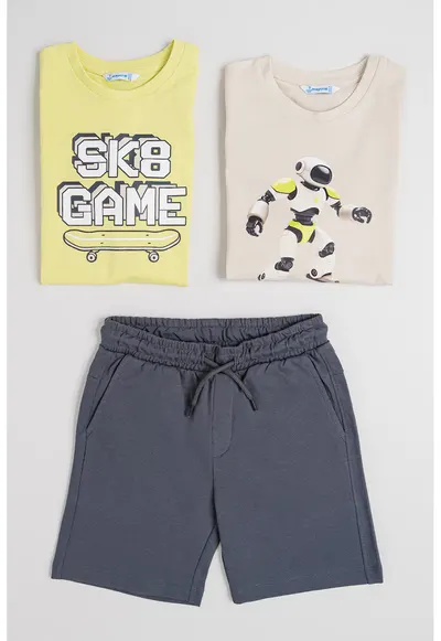Set de pantaloni scurti si tricouri din bumbac - 3 piese - Verde/Maro nisip