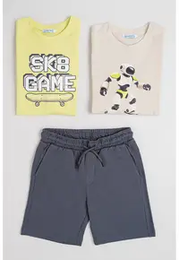 Set de pantaloni scurti si tricouri din bumbac - 3 piese - Verde/Maro nisip