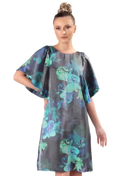 Rochie de seara din viscoza satinata cu motive florale R4G-HTE - Turcoaz