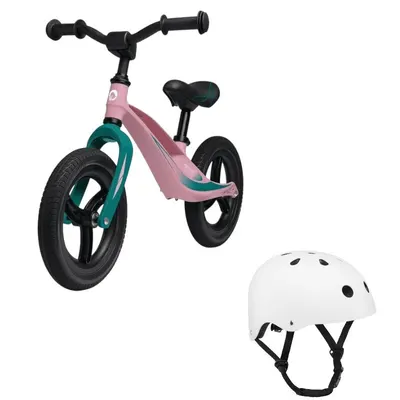 Bicicleta fara pedale, Lionelo, Bart Tour, Usoara, Cu cadru din magneziu, 3.3 Kg, 12 inch, Bubblegum + Casca pentru copii, Reglabila 50-56 cm, Alb