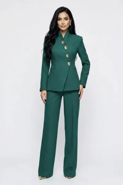 Compleu elegant verde format din doua piese cu pantaloni evazati